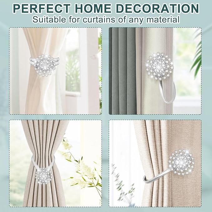 AULEEP Magnetic Curtain Tiebacks, 4 Pack Magnetic Crystal Decorative Drapes Curtain Clips Buckle, Flower Curtain Tie Back, European and American Style (Silver)
