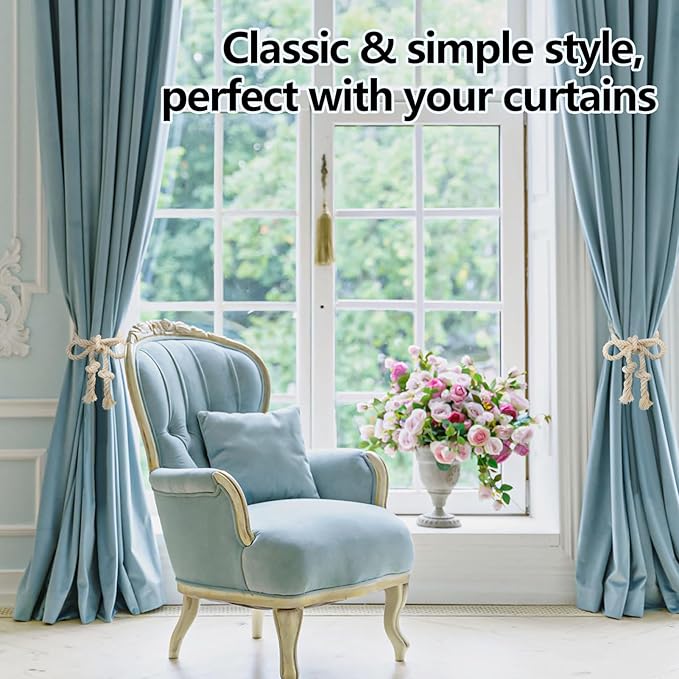4 Pcs Hand Woven Curtain Tiebacks No Drilling - Boho Drape Holdbacks Rope for Black Blue Light Color Curtains, Decorative Ties for Outdoor Yard Garden Farmhouse Drapery, Beige