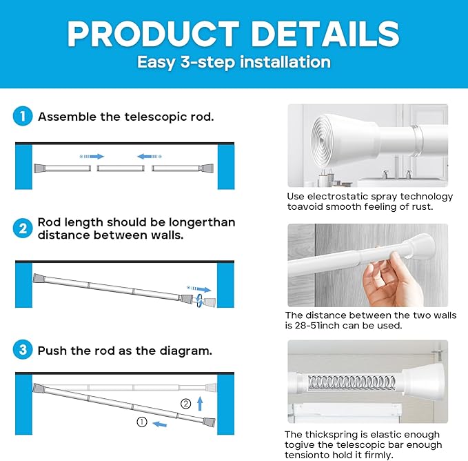 AIZESI White Tension Rod for Windows 28 to 48 inch, Adjustable Curtain Rods No Drilling, Expandable Spring Tension Curtain Rod, Non-slip Shower Curtain Rod for Bathroom Closet Doorway (7/8" Diameter)