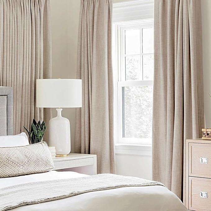 MIULEE 100% Blackout Linen Textured Curtains for Bedroom 105 Inches Extra Long Thermal Insulated Natural Beige Grommet Room Darkening Curtains & Drapes Luxury for Living Room Nursery (2 Panels)
