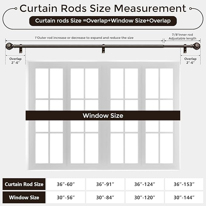 2 Pack Bronze Curtain Rod, Heavy Duty 1 Inch Decorative Curtain Rods for Windows 48 to 84 Inch, Single-Side Adjustable Vintage Rustic Antique Brown Drapery Pole with Netted Texture Finials