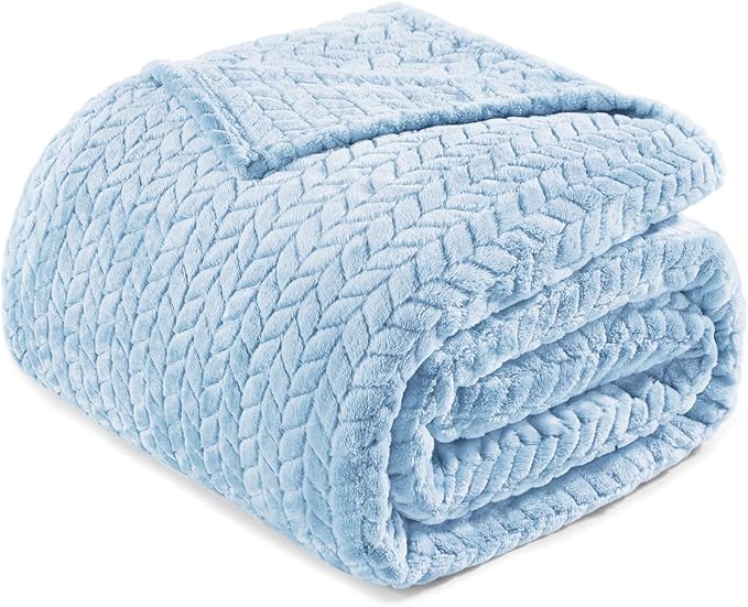 Exclusivo Mezcla Light Blue Fleece King Size Blanket for Bed, 90x104 Inches Soft Cozy 3D Decorative Jacquard Flannel Blankets, Lightweight Fuzzy Plush Warm Blankets for All Seasons