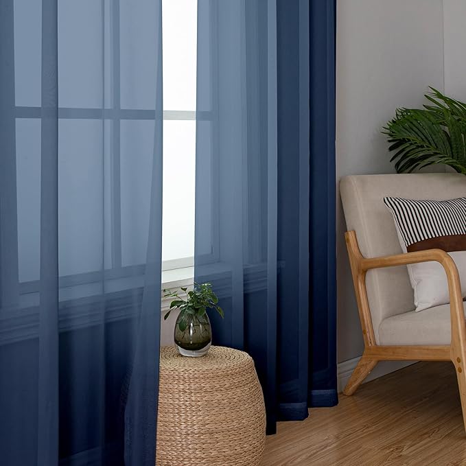 Aiyufeng Long Navy Blue Sheer Curtains 96 inches Long for Living Room, Privacy Sheer Curtains Window Treatment Translucent Sheer Drapes for Farmhouse/Cottage, 40" Wide (2 Panels)