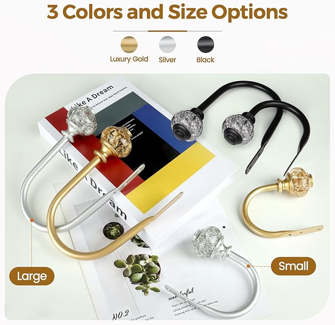 2 Pack Curtain Holdbacks, USFOOK Decorative Window Drapery Tiebacks (2 Pack/1 Pair), Curtain Tie Back Hooks for Wall with Gold Translucent Finials (3.95" L x 3.4" W)