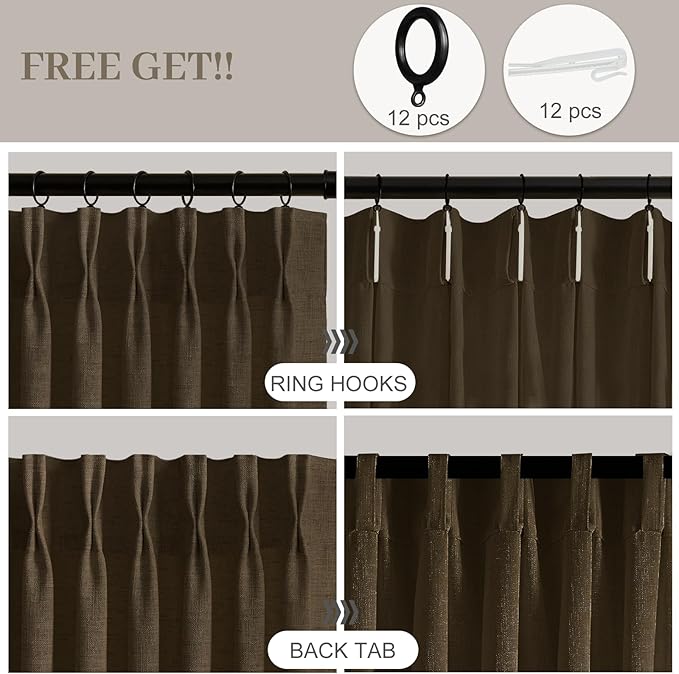 90 Inch Linen Pleated Curtains for Living Room, Light Filtering Pinch Pleated Curtain with Hook Memory Trained Linen Blend Window Drapes for Bedroom Dining Room, 40x90, Dark Chocolate, 2 Panel