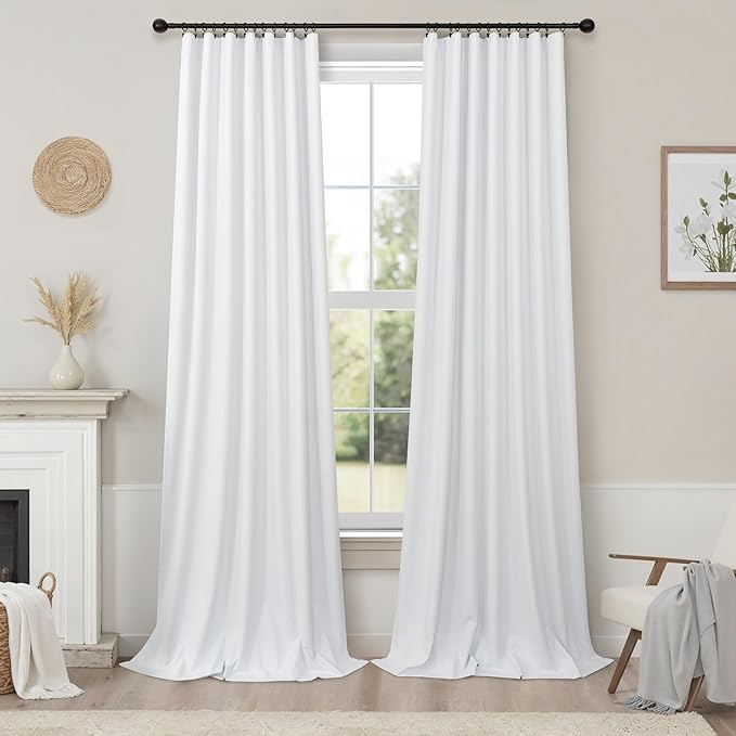 78 Inch Long Linen Textured Blackout Curtains 2 Panels Set for 76-80 inch Window Drapes Back Tab White Room Darkening Curtains for Sliding Glass Door Energy Efficient Noise Cancelling 52x78 in Length