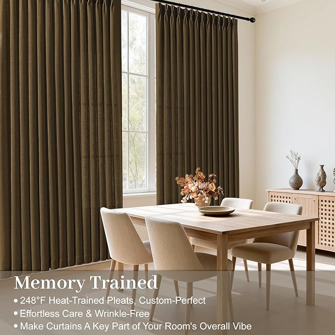 90 Inch Linen Pleated Curtains for Living Room, Light Filtering Pinch Pleated Curtain with Hook Memory Trained Linen Blend Window Drapes for Bedroom Dining Room, 40x90, Dark Chocolate, 2 Panel