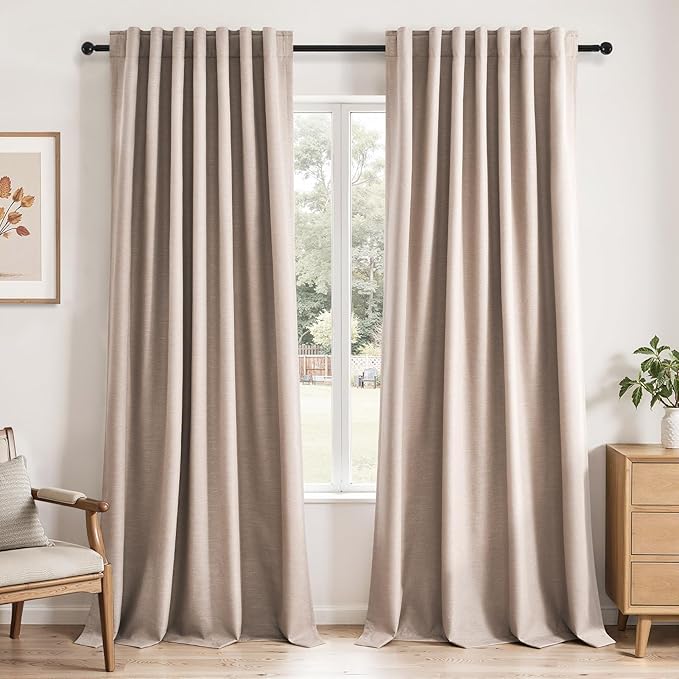 102 inch long Linen blackout curtains for tall windows 2 Panels 100% Blackout Linen texture Curtain Window Drapes Back Tab Rod Pocket Room Darkening Thermal Insulated Panel for Bedroom Living Room