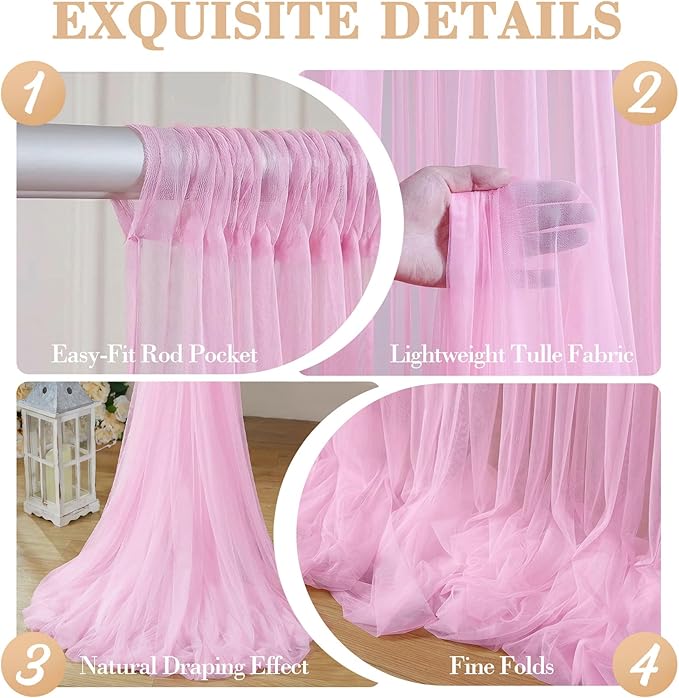 10ft x 12ft Pink Tulle Backdrop Curtain for Baby Shower Party Sheer Fabric Backdrop Curtains for Girls Birthday Gender Reveal Back Drop Wedding Photo Backdrop Drapes Background 2 Panels 5ft x 12ft