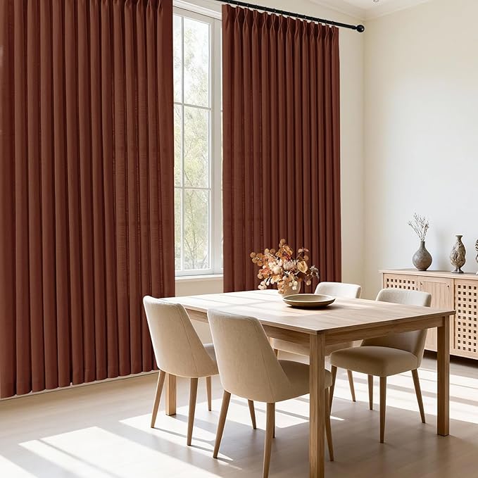 102 Inch Linen Curtains for Living Room, Pinch Pleated Curtain with Hooks Rings Rustic Textured Semi Sheer Light Filtering Pleat Drapes for Bedroom Dining Room, Chestnut Brown, 2 Panel, 40x102