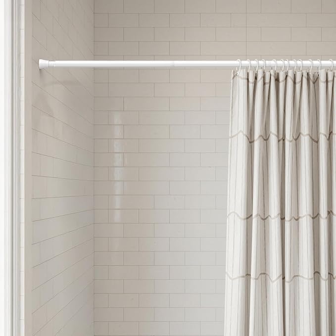 AIZESI Shower Rod 34-59 Inch - Non-Slip, No Drill spring curtain tension rod Never Rust Adjustable Tension Curtain Rod, White Shower Curtain Rod
