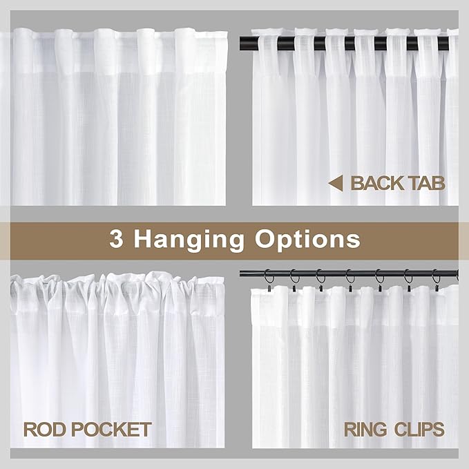 102 Inch Curtains White Linen Drapes for Bedroom 2 Panels Set Back Tab Loop Pocket Cotton Textured Lace Look Semi Sheer Light Filter Curtains for Living Room Bay Window Vintage Farmhouse Decor 52x102