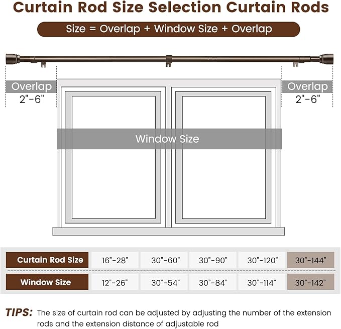 2 PACK 1” Diameter brown curtain rod Itself is 30 to 144 inch. 1 Pack Fits 30-142 inch, 66 to 120 inch Windows with Heavy Duty Adjustable brown curtain rods Splicing Metal Extra Long Curtain Rod