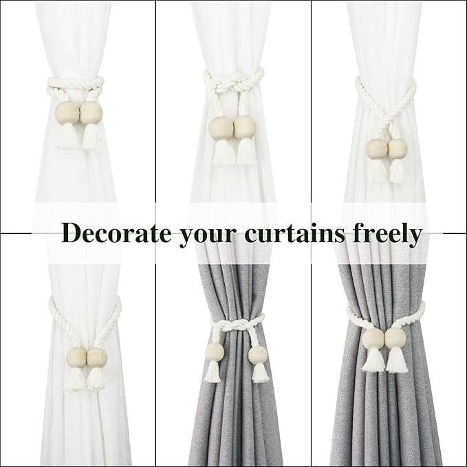 4 Pack Magnetic Curtain Tiebacks Cotton Hand Woven Tie Back Decorative Rope Holdbacks for Curtains Draperies No Tools Required, Cream