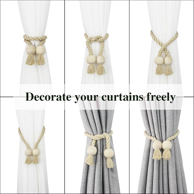 2 Pack Magnetic Curtain Tiebacks Cotton Hand Woven Tie Back Decorative Rope Holdbacks for Curtains Draperies No Tools Required, Dark Beige
