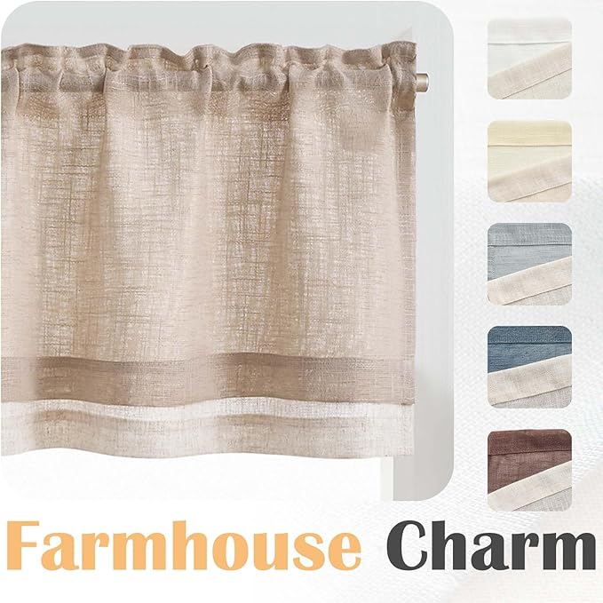 jinchan Farmhouse Linen Valance for Living Room Windows 16 Inch Slubbed Crossed Double Layer Window Valance Light Filtering Rustic Country Overlay Rod Pocket 1 Panel Blush Beige