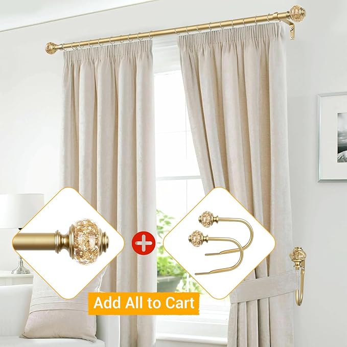 2 Pack Gold Curtain Holdbacks, USFOOK Decorative Drapery Tiebacks (2 Pack/1 Pair), Curtain Tie Back Hooks for Wall with Translucent Finials (6.1" L x 4.1" W)