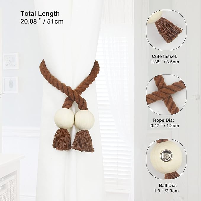 2 Pack Magnetic Curtain Tiebacks Cotton Hand Woven Tie Back Decorative Rope Holdbacks for Curtains Draperies No Tools Required, Khaki
