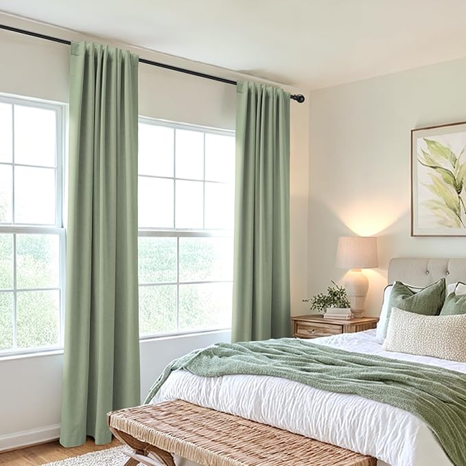 100% Blackout Shield Linen Blackout Curtains for Bedroom 84 Inches Long, Back Tab/Rod Pocket Living Room Drapes, Thermal Insulated Blackout Curtains 2 Panels Set, 50" W x 84" L, Sage
