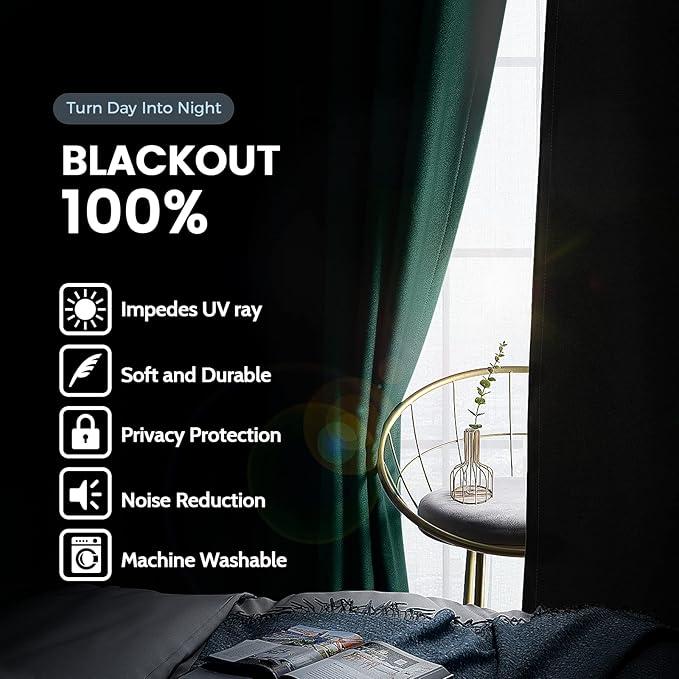 SimpleHome 100% Blackout Curtains for Bedroom,Thermal Insulated Dark Green Grommet Window Drapes Room Darkening Curtains for Living Room with Black Back,52 x 36 Inch,2 Panels