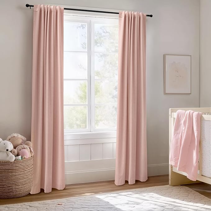 100% Blackout Shield Linen Blackout Curtains for Bedroom 90 Inches Long, Back Tab/Rod Pocket Living Room Drapes, Thermal Insulated Blackout Curtains 2 Panels Set, 50" W x 90" L, Blush Pink
