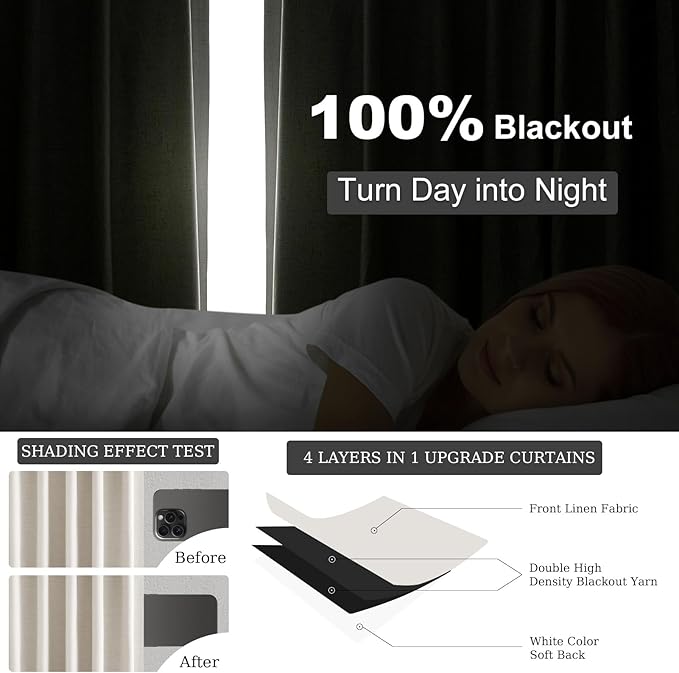 70 Inches Extra Wide Natural Linen Blackout Curtains 84 Inch Long for Living Room 100% Black Out Back Tab Pleated Drapes for Bedroom Winter Thick Window Energy Efficient 70"W x 84"L 2 Panels