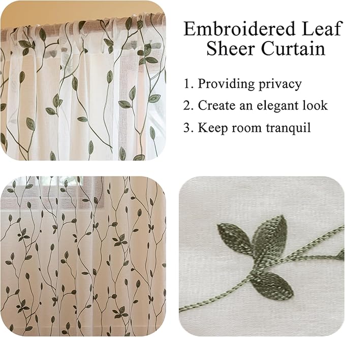 AmHoo 2 Panels Embroidered Leaf Pattern Semi Sheer Curtains Foliage Floral Voile Window Draperies Treatment for Bedroom Living Room Rod Pocket White Sage Green 53 x 95 Inch