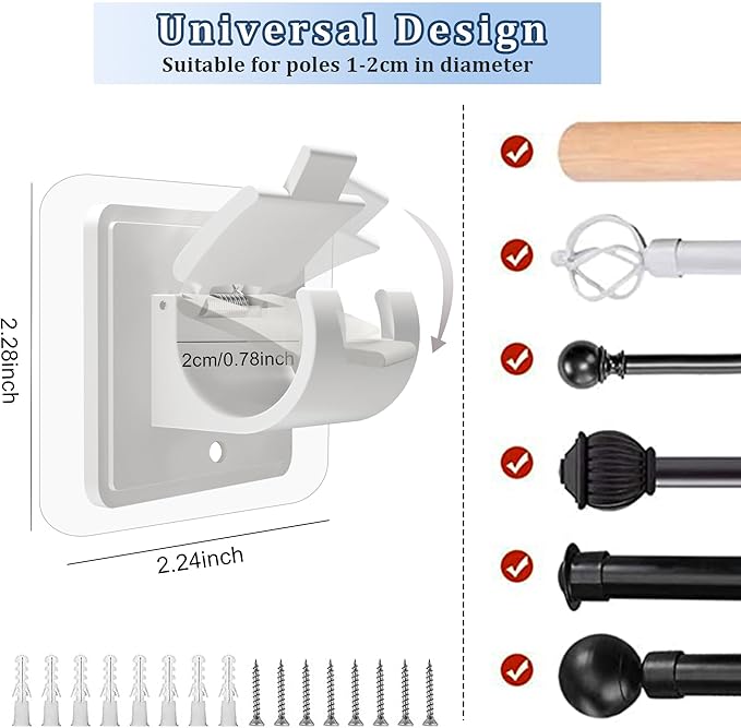 2PCS No Drill Curtain Rod Brackets No Drilling Self Adhesive Curtain Rod Holder Hooks Nail Free Adjustable Curtain Rod Hooks Curtain Hangers for Bathroom Kitchen Home Bathroom and Hotel (White)