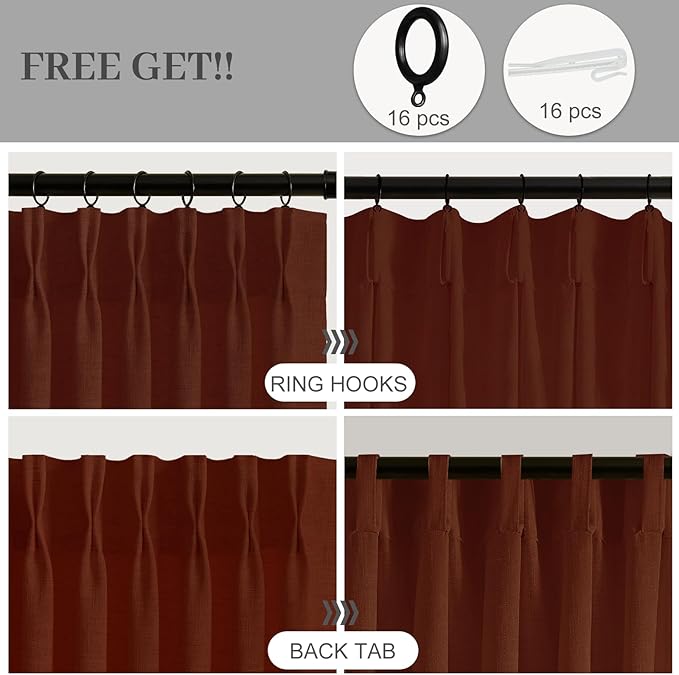 102 Inch Linen Curtains for Living Room, Pinch Pleated Curtain with Hooks Rings Rustic Textured Semi Sheer Light Filtering Pleat Drapes for Bedroom Dining Room, Chestnut Brown, 2 Panel, 40x102