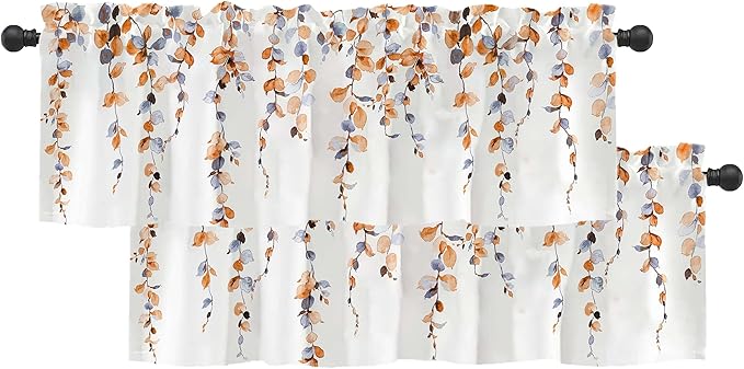 2 Pack Watercolor Orange Leaves Window Valance for Bedroom Living Room, Fall Leaf Curtains Valanes for Windows, 3" Rod Pocket Window Treatment for Autumn Home Decorations, 54 x 18 Inch, 2 Panel