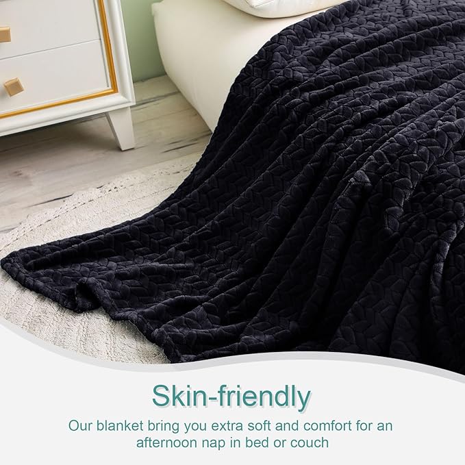 Exclusivo Mezcla Fleece Queen Size Blanket for Bed, 90x90 Inches Soft Cozy Jacquard Flannel Blankets, Lightweight Fuzzy Plush Warm for Women, Black