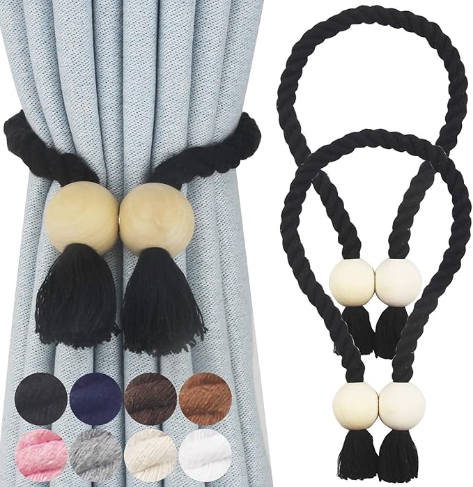2 Pack Magnetic Curtain Tiebacks Cotton Hand Woven Tie Back Decorative Rope Holdbacks for Curtains Draperies No Tools Required, Black