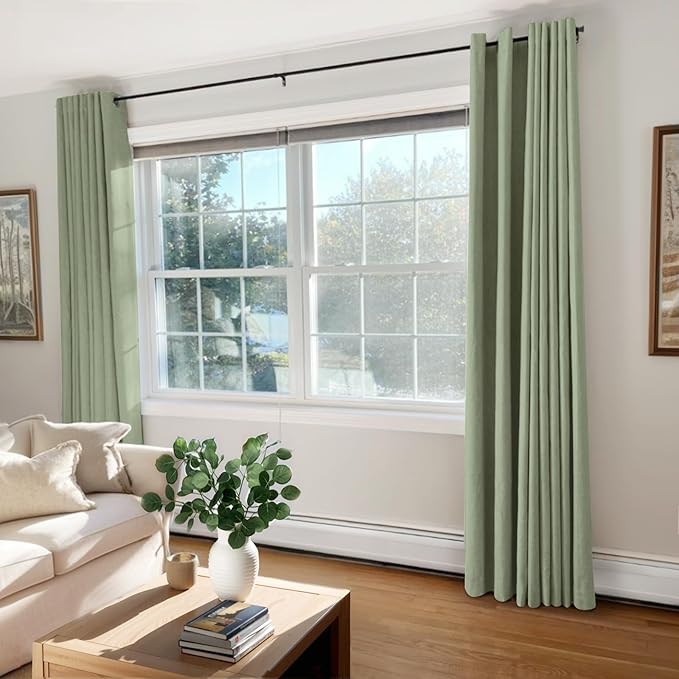 100% Blackout Shield Linen Blackout Curtains for Bedroom, Sage Green Grommet Curtains for Living Room, Thermal Insulated Room Darkening Drapes for Nursery, Boho Home Decor, 50" W x 90" L, 2 Panels