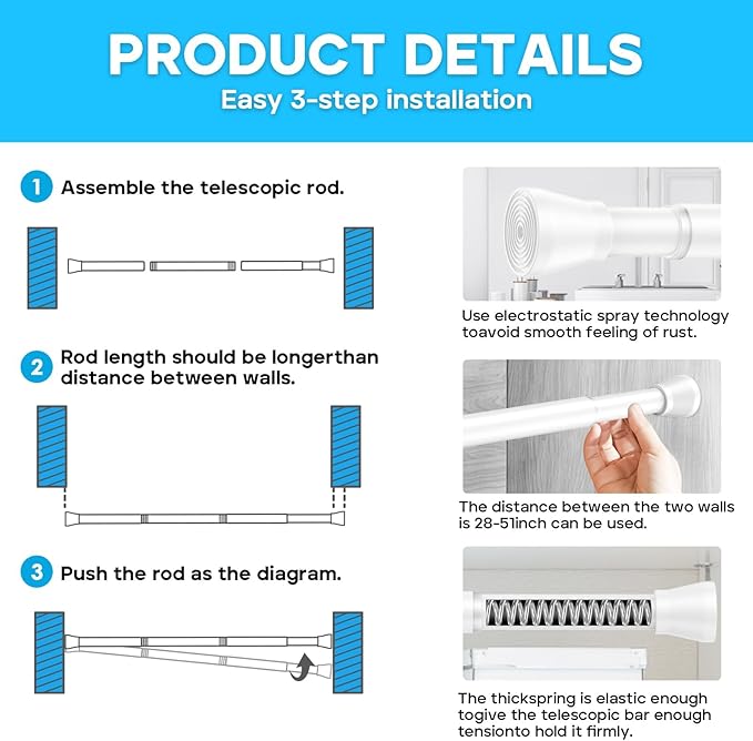AIZESI Spring Tension Rods Adjustable Tension Curtain Rod Small Tension Rod No Drilling Expandable Spring Loaded Curtain Tension Rod?White,45" to 77"-1Pcs)