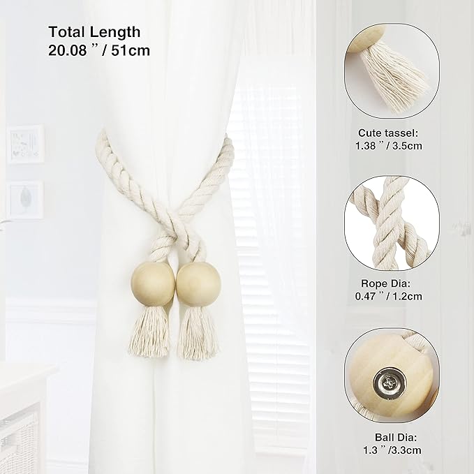 2 Pack Magnetic Curtain Tiebacks Cotton Hand Woven Tie Back Decorative Rope Holdbacks for Curtains Draperies No Tools Required, Beige