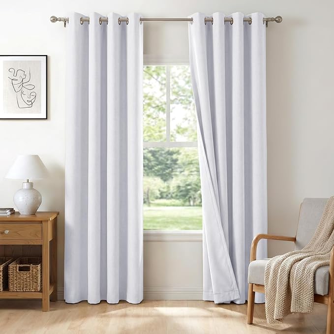 100% Blackout Shield Linen Blackout Curtains for Bedroom, Bright White Grommet Curtains for Living Room, Thermal Insulated Room Darkening Drapes for Nursery, Boho Home Decor, 50" W x 108" L, 2 Panels