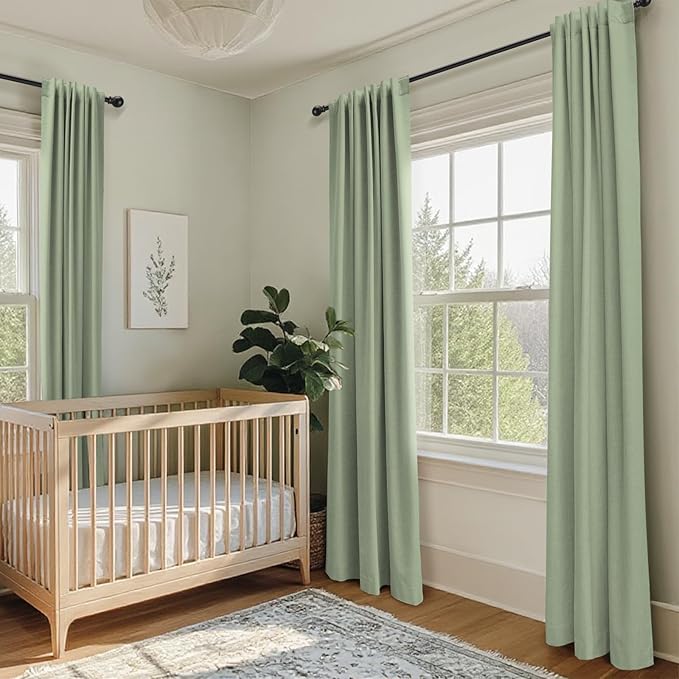 100% Blackout Shield Linen Blackout Curtains for Bedroom 90 Inches Long, Back Tab/Rod Pocket Living Room Drapes, Thermal Insulated Blackout Curtains 2 Panels Set, 50" W x 90" L, Sage