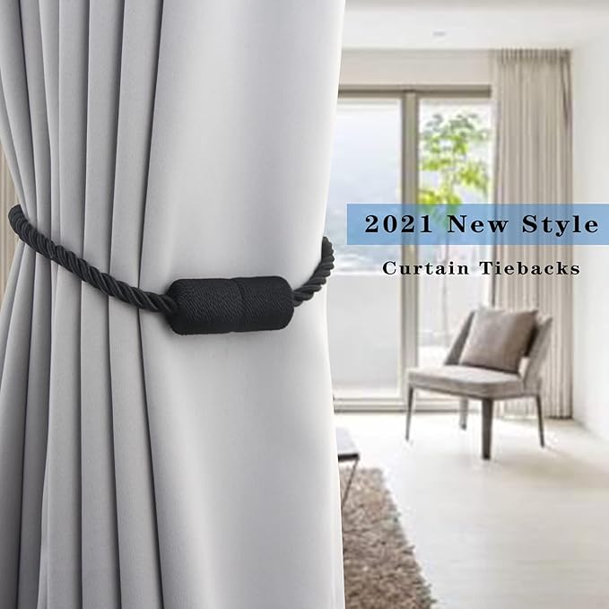 4 Pack Strong Magnetic Curtain Tiebacks Outdoor Elegant Decorative Tie Backs Modern Rope Tiebacks for Drapes Window Curtain Holdbacks for Draperies- Black