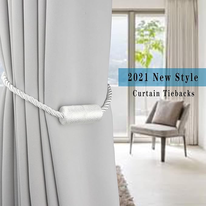 4 Pack White Strong Magnetic Curtain Tiebacks Outdoor Elegant Decorative Tie Backs Modern Rope Tiebacks for Drapes Window Curtain Holdbacks for Draperies