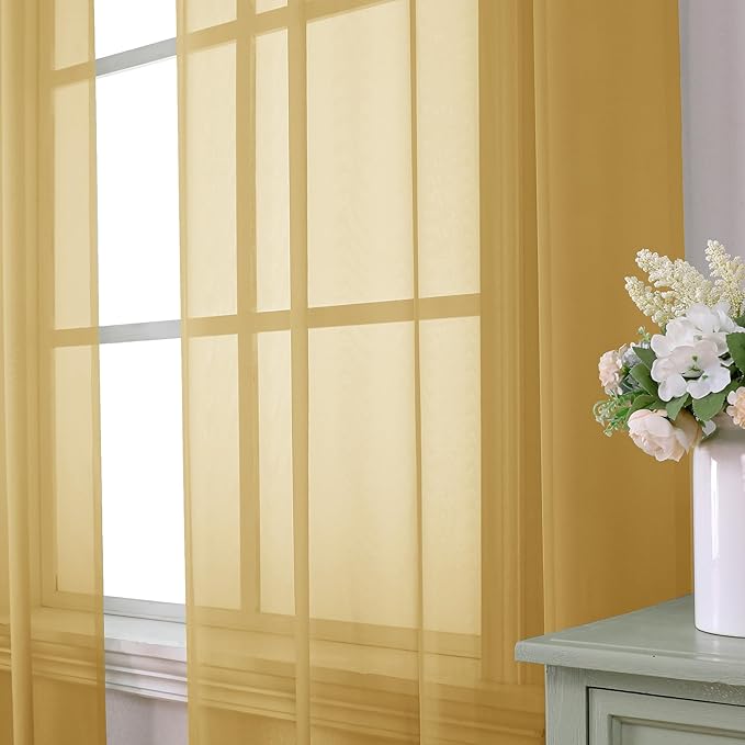 Aiyufeng Gold Sheer Curtain 84 Inches Long 2 Panels Set, Light Filtering Gold Window Curtain Drapes Treatment for Kitchen, Bedroom,Children Room, Dual Rod Pocket, 2 Pack of 42 x 84"