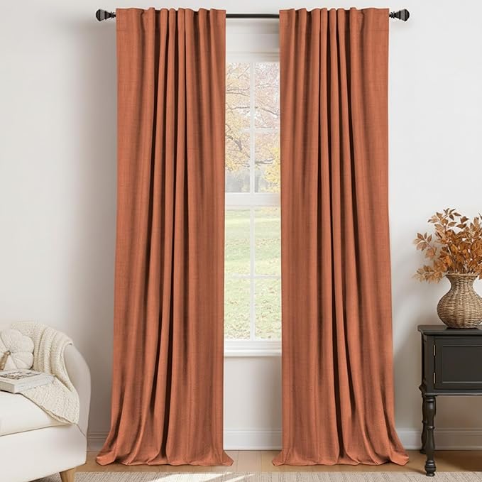 100% Blackout Shield Linen Blackout Curtains for Bedroom 90 Inches Long, Back Tab/Rod Pocket Living Room Drapes, Thermal Insulated Blackout Curtains 2 Panels Set, 50" W x 90" L, Burnt Orange