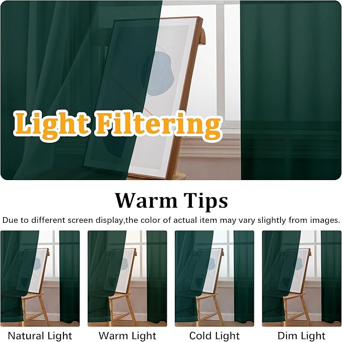 Gwine Hunter Green Sheer Curtain Tiers 24 Inch Length, Light Filtering Voile Short Curtain for Living Room Bedroom, Rod Pocket Cafe Curtains for Small Windows 42x24 Inch, 2PCS