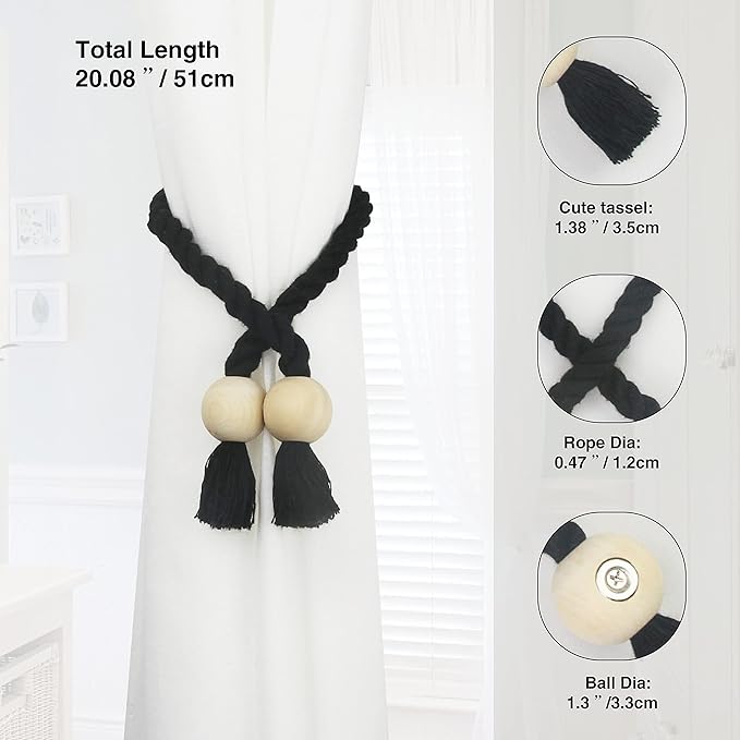 2 Pack Magnetic Curtain Tiebacks Cotton Hand Woven Tie Back Decorative Rope Holdbacks for Curtains Draperies No Tools Required, Black