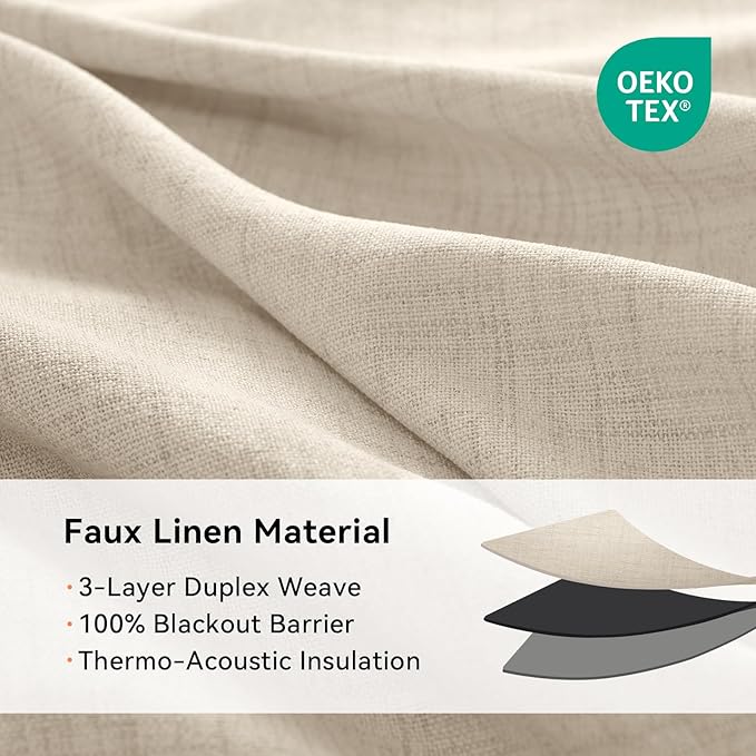 100% Blackout Shield Linen Blackout Curtains for Bedroom, Natural Flax Grommet Curtains for Living Room, Thermal Insulated Room Darkening Drapes for Nursery, Boho Home Decor, 50" W x 84" L, 2 Panels