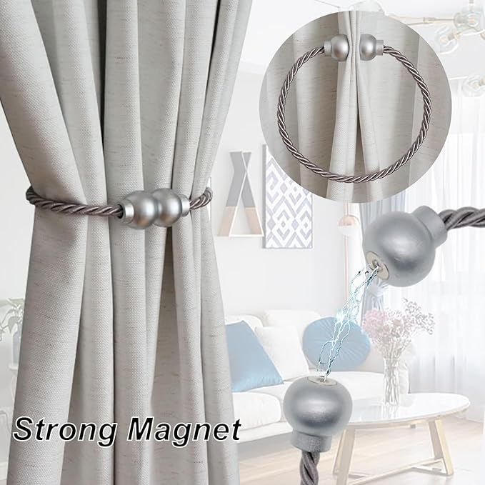 2 Pack Magnetic Curtain Tiebacks Modern Handmade Rope Curtain Tie Backs Decorative Drapes Weave Holdbacks for Home Outdoor Bedroom Office Decorative Curtain, Grey