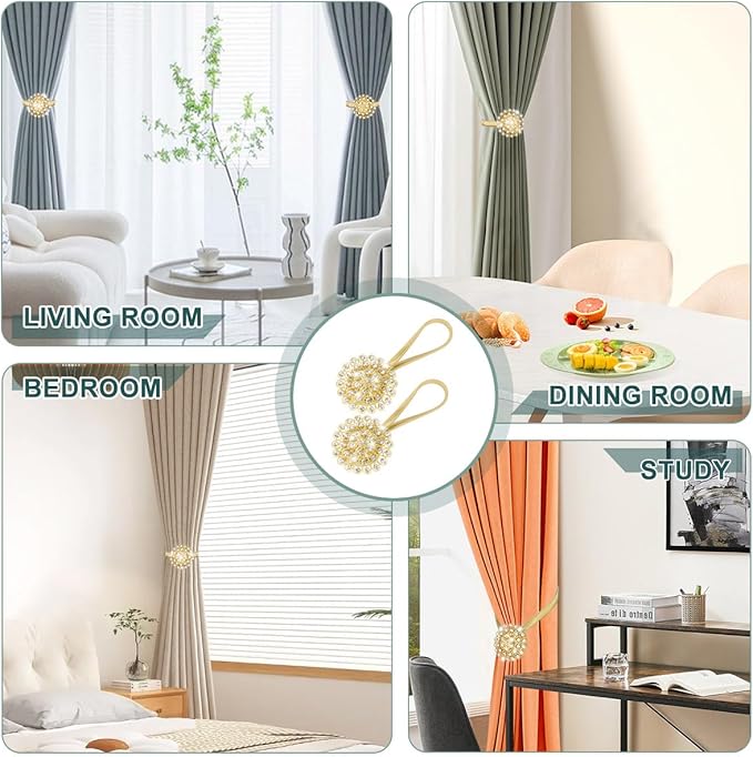 AULEEP Magnetic Curtain Tiebacks, 4 Pack Magnetic Crystal Decorative Drapes Curtain Clips Buckle, Flower Curtain Tie Back, European and American Style (Gold)