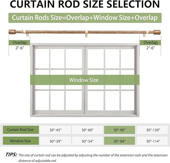 5/8” Diameter Curtain Rods 30-90 Inch, for 30-84 Inch Windows, Adjustable Splicing Wood Grain Curtain Rods for Windows with Brackets, Window Rod Long Small Curtains Rod, 1 Pack