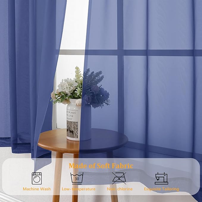 Gwine Royal Blue Sheer Curtains for Living Room 45 inches Long, Short Voile Light Filtering Window Treatments Sheer Curtains for Bedroom, Half Window Drapes with Rod Pocket, Each 42" Wx45 L