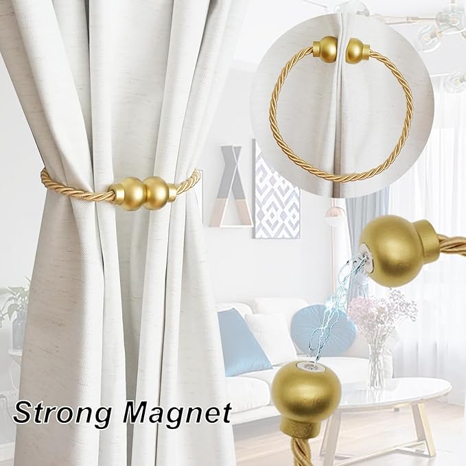 2 Pack Magnetic Curtain Tiebacks Modern Handmade Rope Curtain Tie Backs Decorative Drapes Weave Holdbacks for Home Outdoor Bedroom Office Decorative Curtain, Gold