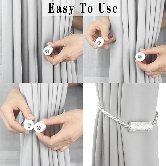 4 Pack White Strong Magnetic Curtain Tiebacks Outdoor Elegant Decorative Tie Backs Modern Rope Tiebacks for Drapes Window Curtain Holdbacks for Draperies